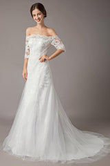 Wedding Dresses Ivory Lace Off Shoulder Half Sleeve Sequin Applique Bridal Dress With Train Exclusive-Dbrbridal