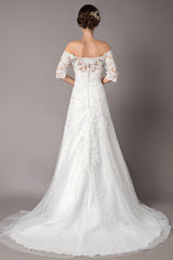 Wedding Dresses Ivory Lace Off Shoulder Half Sleeve Sequin Applique Bridal Dress With Train Exclusive-Dbrbridal