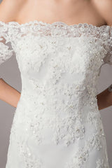 Wedding Dresses Ivory Lace Off Shoulder Half Sleeve Sequin Applique Bridal Dress With Train Exclusive-Dbrbridal