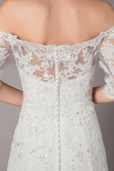 Wedding Dresses Ivory Lace Off Shoulder Half Sleeve Sequin Applique Bridal Dress With Train Exclusive-Dbrbridal