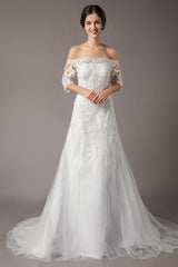 Wedding Dresses Ivory Lace Off Shoulder Half Sleeve Sequin Applique Bridal Dress With Train Exclusive-Dbrbridal