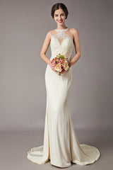 Wedding Dresses Ivory Lace Sleeveless Illusion Column Column Bridal Gowns With Train-Dbrbridal