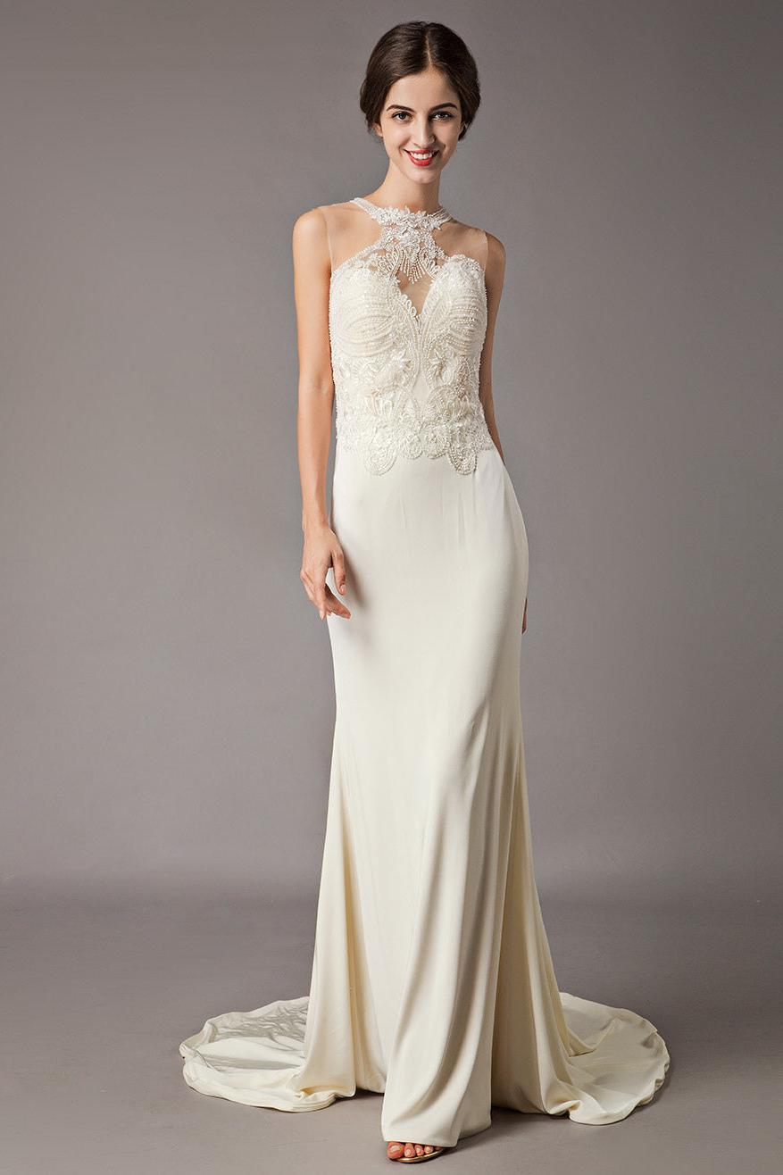 Wedding Dresses Ivory Lace Sleeveless Illusion Column Column Bridal Go