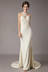Wedding Dresses Ivory Lace Sleeveless Illusion Column Column Bridal Gowns With Train-Dbrbridal