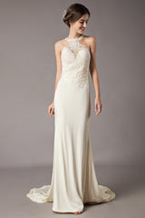 Wedding Dresses Ivory Lace Sleeveless Illusion Column Column Bridal Gowns With Train-Dbrbridal