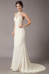Wedding Dresses Ivory Lace Sleeveless Illusion Column Column Bridal Gowns With Train-Dbrbridal