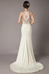 Wedding Dresses Ivory Lace Sleeveless Illusion Column Column Bridal Gowns With Train-Dbrbridal
