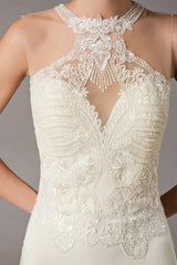 Wedding Dresses Ivory Lace Sleeveless Illusion Column Column Bridal Gowns With Train-Dbrbridal