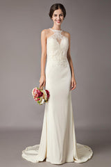 Wedding Dresses Ivory Lace Sleeveless Illusion Column Column Bridal Gowns With Train-Dbrbridal