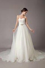 Wedding Dresses Ivory Strapless Lace Beaded Chapel Train Bridal Gowns-Dbrbridal