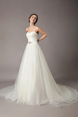 Wedding Dresses Ivory Strapless Lace Beaded Chapel Train Bridal Gowns-Dbrbridal
