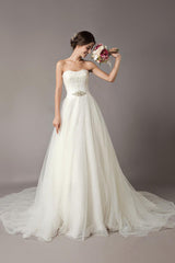 Wedding Dresses Ivory Strapless Lace Beaded Chapel Train Bridal Gowns-Dbrbridal