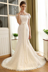 Wedding Dresses Mermaid Ivory Lace Off The Shoulder Bridal Gown Chains Beaded Ribbon Bow Sash Slim Fit Bridal Dress With Train-Dbrbridal