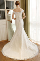 Wedding Dresses Mermaid Ivory Lace Off The Shoulder Bridal Gown Chains Beaded Ribbon Bow Sash Slim Fit Bridal Dress With Train-Dbrbridal