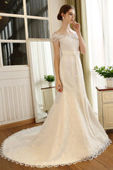Wedding Dresses Mermaid Ivory Lace Off The Shoulder Bridal Gown Chains Beaded Ribbon Bow Sash Slim Fit Bridal Dress With Train-Dbrbridal