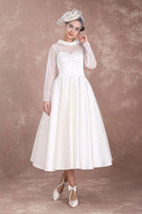 Wedding Dresses Short 1950s Retro Bridal Dress Long Sleeve Sweetheart Neckline Satin Ivory Rockabilly Wedding Dress Exclusive-Dbrbridal