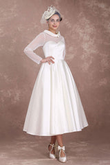 Wedding Dresses Short 1950s Retro Bridal Dress Long Sleeve Sweetheart Neckline Satin Ivory Rockabilly Wedding Dress Exclusive-Dbrbridal