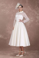 Wedding Dresses Short 1950s Retro Bridal Dress Long Sleeve Sweetheart Neckline Satin Ivory Rockabilly Wedding Dress Exclusive-Dbrbridal