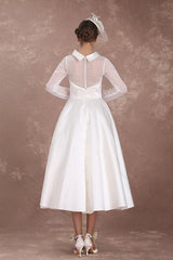 Wedding Dresses Short 1950s Retro Bridal Dress Long Sleeve Sweetheart Neckline Satin Ivory Rockabilly Wedding Dress Exclusive-Dbrbridal