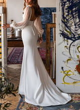 Wedding Dresses Square Neckline Long Sleeves Sweep Train-Dbrbridal