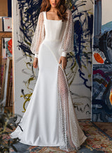 Wedding Dresses Square Neckline Long Sleeves Sweep Train-Dbrbridal