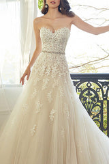 Wedding Dresses Tulle A-line Sweetheat Neck Sleeveless Long Lace Appliqued Bridal Gowns With Train-Dbrbridal