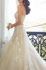 Wedding Dresses Tulle A-line Sweetheat Neck Sleeveless Long Lace Appliqued Bridal Gowns With Train-Dbrbridal