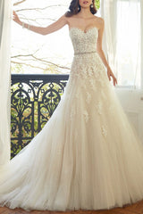 Wedding Dresses Tulle A-line Sweetheat Neck Sleeveless Long Lace Appliqued Bridal Gowns With Train-Dbrbridal