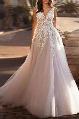 Wedding Dresses Tulle Deep V-Neck A-line Sleeveless Multilayer Tulle Lace Applique Elegant Bridal Gowns With Train-Dbrbridal