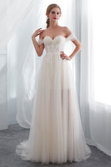 Wedding Dresses Tulle Ivory Off The Shoulder Sweetheart Beach Bridal Dress With Train-Dbrbridal