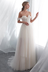 Wedding Dresses Tulle Ivory Off The Shoulder Sweetheart Beach Bridal Dress With Train-Dbrbridal