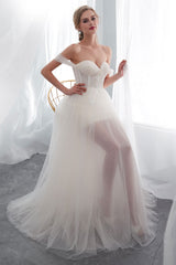 Wedding Dresses Tulle Ivory Off The Shoulder Sweetheart Beach Bridal Dress With Train-Dbrbridal