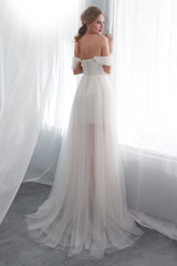 Wedding Dresses Tulle Ivory Off The Shoulder Sweetheart Beach Bridal Dress With Train-Dbrbridal