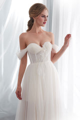 Wedding Dresses Tulle Ivory Off The Shoulder Sweetheart Beach Bridal Dress With Train-Dbrbridal