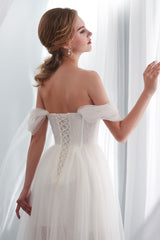 Wedding Dresses Tulle Ivory Off The Shoulder Sweetheart Beach Bridal Dress With Train-Dbrbridal