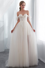 Wedding Dresses Tulle Ivory Off The Shoulder Sweetheart Beach Bridal Dress With Train-Dbrbridal