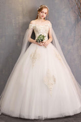 Wedding Dresses Tulle Off The Shoulder Short Sleeve Lace Applique Princess Bridal Gown-Dbrbridal
