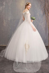 Wedding Dresses Tulle Off The Shoulder Short Sleeve Lace Applique Princess Bridal Gown-Dbrbridal