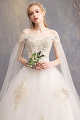 Wedding Dresses Tulle Off The Shoulder Short Sleeve Lace Applique Princess Bridal Gown-Dbrbridal