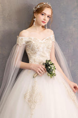 Wedding Dresses Tulle Off The Shoulder Short Sleeve Lace Applique Princess Bridal Gown-Dbrbridal