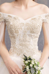 Wedding Dresses Tulle Off The Shoulder Short Sleeve Lace Applique Princess Bridal Gown-Dbrbridal