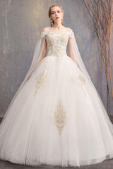 Wedding Dresses Tulle Off The Shoulder Short Sleeve Lace Applique Princess Bridal Gown-Dbrbridal