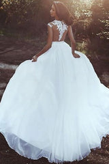 Wedding Dresses With Court Train A-Line Sleeveless Applique Illusion Neckline Bridal Gowns-Dbrbridal