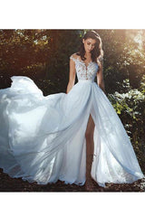 Wedding Dresses With Court Train A-Line Sleeveless Applique Illusion Neckline Bridal Gowns-Dbrbridal