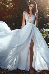Wedding Dresses With Court Train A-Line Sleeveless Applique Illusion Neckline Bridal Gowns-Dbrbridal