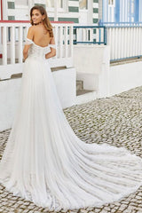 Wedding Dresses With Train A-Line Long Sleeveless Beaded Sweetheart Neck Bridal Gowns-Dbrbridal