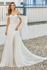 Wedding Dresses With Train A-Line Long Sleeveless Beaded Sweetheart Neck Bridal Gowns-Dbrbridal