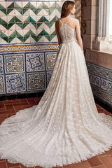 Wedding Gowns With Train Chic V-Neck Sleeveless Spaghetti Straps Lace Bridal Gowns-Dbrbridal