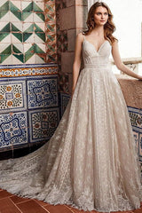 Wedding Gowns With Train Chic V-Neck Sleeveless Spaghetti Straps Lace Bridal Gowns-Dbrbridal