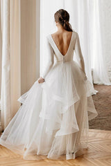 White A-Line Wedding Dresses Long Long Sleeves Tiered Chic V-Neck Long Bridal Gowns-Dbrbridal